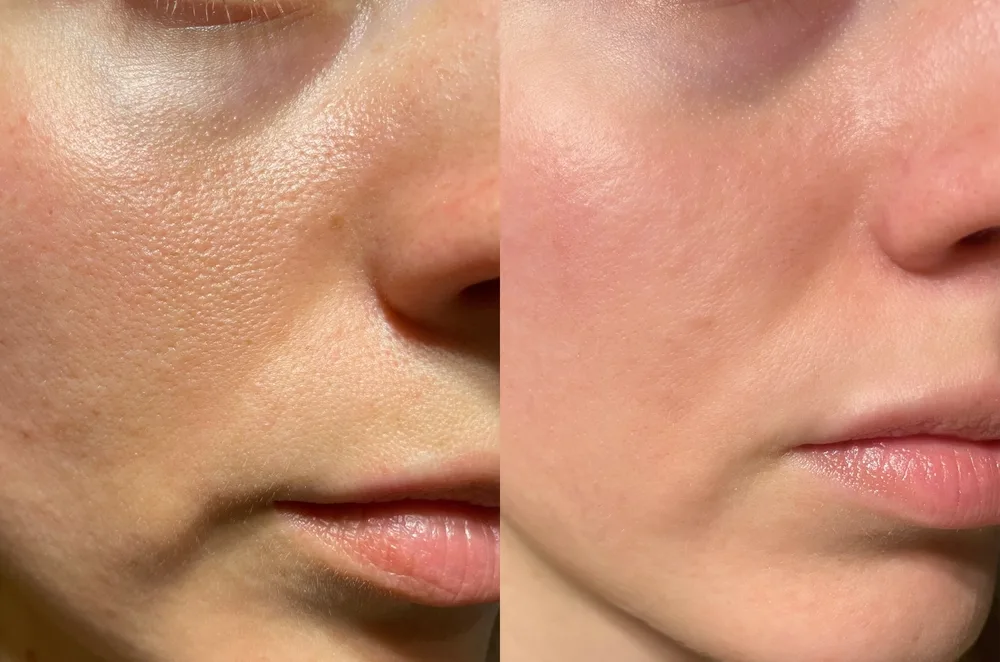 Big,Pores,And,Small,Pores.,Woman,Face.,Before,And,After Le changement de la peau avant/après l'arrêt de l'alcool.