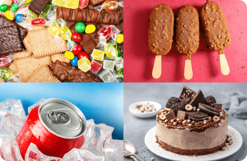 Assortiment de sucreries et aliments ultra transformés