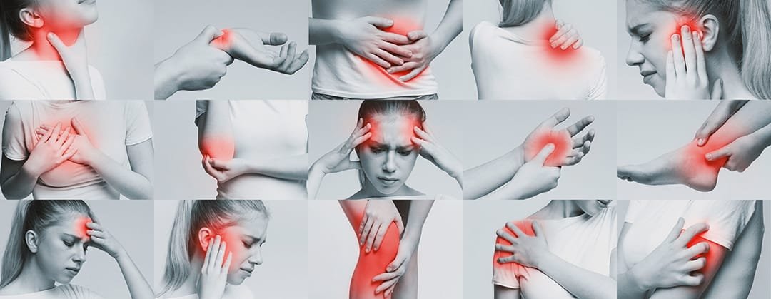 Medical concept. Young girl suffering from pain, touching different parts of her body, collage La manifestation de douleur sur divers endroits du corps.
